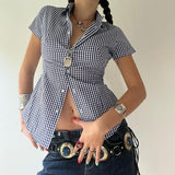 90s fashion Retro Casual Style Blue Plaid Short-Sleeved Shirt Women's Polo Collar Tight Waist Tight Single-Breasted Top