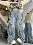 birthday outfit American Style Street Work Jeans Women's Design Multi-Pocket High Waist Loose Mopping Pants Fashion