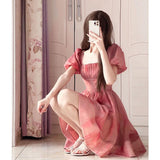 cherry blossom dress to impress Pink Square Collar Puff Sleeve Waist-Tight Dress Women's Summer New Small Slimming Tea Break Princess Temperament Skirt