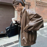 skater boy outfits Retro Brown Leather Coat Women's Short 2024 Spring and Autumn Small Korean Style Loose Leather Jacket Handsome Motorcycle Jacket