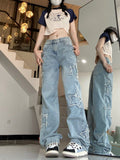 Vevesc skater boy outfits Spring and Summer New Retro Star Embroidered Jeans Women's High Waist Loose Fashion Slimming Straight Wide Leg Pants Fashion