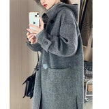 skater boy outfits Korean Style High-Grade Gray Horn Buckle Hooded Woolen Coat Mid-Length Autumn and Winter Loose Temperament Coat for Women