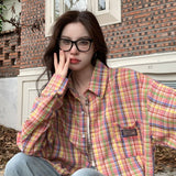 frat outfits Retro Contrast Color Plaid Shirt Women's Long Sleeve Spring and Autumn New Fashion Top Coat Casual Loose Niche