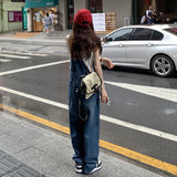 90s streetwear American Retro Suspender Jeans Women's Spring New Loose Slimming Straight Age-Reducing Wide Leg Ins Trousers