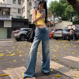 frat outfits Retro Washed High Waist Wide Leg Jeans 2024 Summer New American Hot Girl Distressed Draping Mop Straight Pants