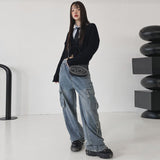 90s streetwear High Street Retro Multi-Pocket Workwear Jeans for Women Spring and Autumn New Versatile Loose Straight Mop Casual Trousers Fashion