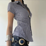 90s fashion Retro Casual Style Blue Plaid Short-Sleeved Shirt Women's Polo Collar Tight Waist Tight Single-Breasted Top