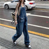 90s streetwear American Retro Suspender Jeans Women's Spring New Loose Slimming Straight Age-Reducing Wide Leg Ins Trousers