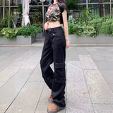 outfit inspo Retro Black Workwear Jeans Women's Summer Straight Wide-Leg Trousers Niche Multi-Pocket Washed Mop Pants Fashion