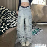 mens fashion American-Style Multi-Pocket Mop Workwear Jeans Women's Hot Girl Fashion Loose Draping Straight Low Waist Wide Leg Pants Fashion