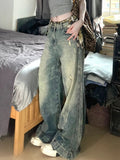 90s streetwear American Retro plus Size Washed Worn Jeans Women's Design Straight Slimming Wide Leg Draping Mop Pants