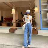 Vevesc 90s streetwear High Waist Straight Jeans Women's Summer Korean Style Ins Retro Versatile Casual Loose Wide Leg Mop Long Pants Fashion