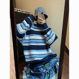 90s streetwear Retro American Sweater Women's round Neck Chic Korean Style Striped Sweater Lazy Style Autumn Women's Fashion