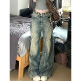 90s streetwear American Retro plus Size Washed Worn Jeans Women's Design Straight Slimming Wide Leg Draping Mop Pants