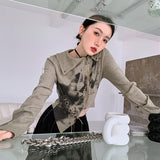 frat outfits Niche Graffiti Short Coat Women's Long-Sleeved Irregular Printed Lace-up Retro Zipper Cardigan Top