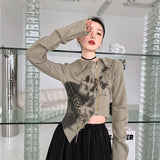 frat outfits Niche Graffiti Short Coat Women's Long-Sleeved Irregular Printed Lace-up Retro Zipper Cardigan Top