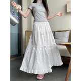 90s fashion Sweet Floral Wooden Ear Cake Skirt Women's Summer Skirt Slimming High Waist A- line Skirt Mid-Length Umbrella Skirt