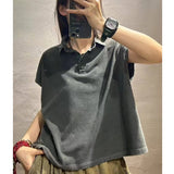 outfit inspo 2024 Summer New Pure Color Simple Lapel Pullover Short-Sleeved T-shirt Women's Loose All-Match Casual Cotton Top