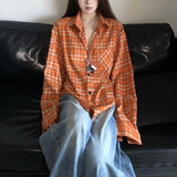 90s streetwear 2024 Autumn New American Retro White Orange Plaid Shirt Coat Men's and Women's Loose Shirt Fashion