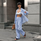 outfit inspo Fall 2024 Blue Striped Long-Sleeved Trousers Women's Home Wear Comfortable Casual Pajamas Two-Piece Set