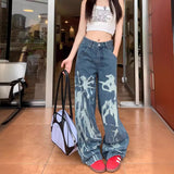 90s streetwear Personalized Printed Pattern Jeans for Women New Washed Distressed High Waist Loose All-Match Straight Trousers Fashion