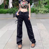 Vevesc outfit inspo Retro Black Workwear Jeans Women's Summer Straight Wide-Leg Trousers Niche Multi-Pocket Washed Mop Pants Fashion