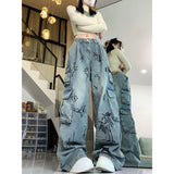 skater boy outfits American Retro Graffiti Cartoon Workwear Jeans Women's Autumn and Winter High Waist Loose Slimming Wide Leg Trousers