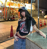 Vevesc  Single Shoulder Graphic T Shirts For Women Streetwear Hollow Out Y2k Clothes Short Sleeve Crop Top Ropa De Mujer Slim Camisetas