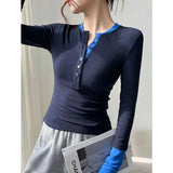 Vevesc Fashion High End Fake Two Piece Patchwork O Nek Long Sleeve Shirts Elegant Sexy Slim Fit Crop Top Girl American Y2k Punk Tees