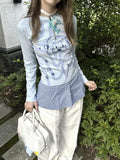 Vevesc Autumn Fake Two Pieces Casual T-shirts Y2k Aesthetic Cartoon Printing Slim Fit Tops Women Grunge Vintage Zipper Harajuku Tees