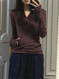 Vevesc V-neck Hooded Long Sleeved T-shirt for Women Y2k Vintage Deep Red Striped Tops Mujer Autumn New Slim Fit Tee Shirt