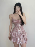 Vevesc Summer Pink Strap Kawaii Dress Women Backless Elegant Vintage Party Mini Dress Female Bow Belted Sashes Designer Dress
