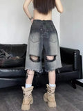 Vevesc Washed Gradient Hole Denim Shorts American Street High Waist Black Jeans Women Y2k E-Girl Loose Knee-Length Wide Leg