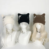 Vevesc Autumn Winter Y2k Subcultural American Five Pointed Star Print Hat Harajuku Girl Cat Ear Gothic Solid Streetwear Punk Caps