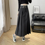 Vevesc Solid Color Pleated Skirts Women Fashion High Waist Preppy Style Long Skirt Womens Korean Chic Street A-line Skirt Fall