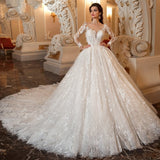 Vevesc Sexy A-line V-neck Bespoke Wedding Dress Italian Exquisite Lace White Tulle Long Sleeve Train Button Bride Dress