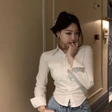 Vevesc Women Folds Slim Fit Crop Tops Daily Design White Pure Korean Style Fashion Casual Shirts Office Lady All-match Tender Spring