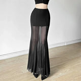 Vevesc Black Mesh Long Skirts Women Transparent Patchwork High Waisted Hip Wrap Skirts Coquette Party Slim Fit Sexy Club Skirt