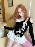 Vevesc Patchwork Lace Fake Two Piece Tops Exquisite Bow Design Slim Off The Shoulder Tank Top Spliced Color Women Shirts