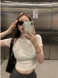 Vevesc Y2k Aesthetic Heart Letter Diamond Crop Top Summer Slim Korean Women T-shirt Casual Fashion Trendy Sweet Thirt Shirt Femme