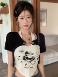 Vevesc New Fashion Y2k Aesthetic Two Piece Sets Sleeveless Slim Waist Halter Tank Tops High Street Black Spliced Chain Punk Cardigan