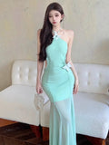 Vevesc  Fairy Halter Long Evening Dresses Women Sexy Butterfly Backless Hollow Out Waist Slim Patchwork Mesh Party Dress Robe