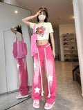 Vevesc American Retro Pink Star Jeans For Women 2024 Summer New Straight Denim Trousers Y2k E-Girl Loose Wide Leg Pants Mujer