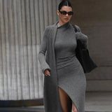 Vevesc Asymmetrical Knit Long Dresses For Women Winter Fashion Kendall Outfits Gray Black Sexy Long Sleeve Slit Dress