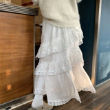 Vevesc  Lace Ruffles Sweet Long Skirts Spring Autumn Korean Fashion Retro Faldas Mujer Elegant High Waist Solid Women Skirt