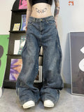 Vevesc Blue Women's Jeans Hip-hop Fashion Vintage Streetwear Y2K Wide Leg Straight Jean High Waist Trouser Classic Baggy Denim Pants