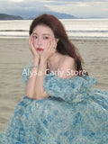 Vevesc Summer Vintage Fairy Floral Dress Women Casual Princess Long Split Dress Female Elegant Korean Evening Party Dress Ruffles