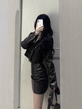Vevesc Spicy Girl Motorcycle Leather Coat Hanging Strap Dress Two Piece Set Women  Fashion Lapel Temperament Solid Cool Spring Suit New