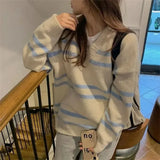 Vevesc Preppy Style V Neck Striped Pullovers Sueter Mujer   Sweet Contrast Color Korean Women Sweaters Y2k Casual Chic