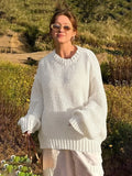 Vevesc White Loose Lazy Sweater Women's Thin Long-Sleeved Pullover Knitted Top Hollow Out Fashion Autumn Female Casual Knitwear